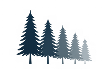 Pine trees forest illustration with gradient blue hues and winter season mood on transparent background