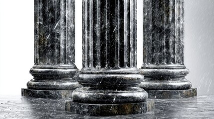 Ancient Pillars under the Rain: An evocative composition of three aged pillars, each bearing witness to centuries past. A striking view of time-worn architecture.