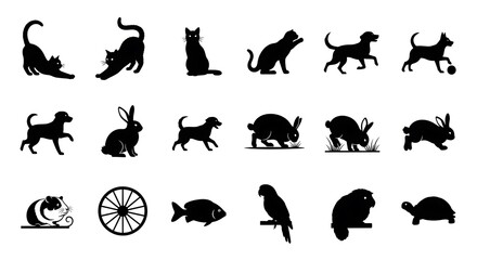 Naklejka premium Silhouette Collection of Common Pets and Animals Vector Illustration.
