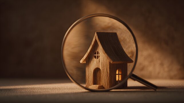 Miniature wooden dwelling magnified by a large circular lens in dim lighting