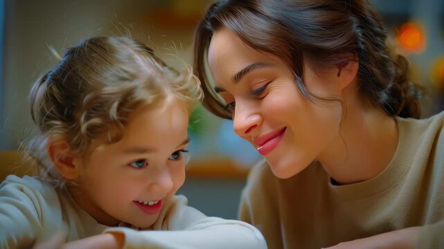 Loving mother and child sharing tender moment with gentle smiles and warm affection, family love and tenderness cozy indoor