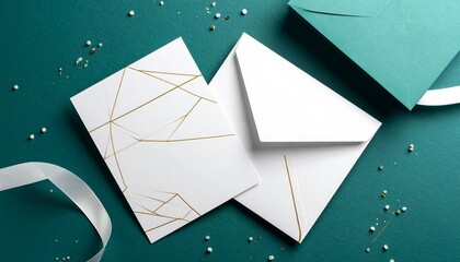 Minimalist Geometric Cards with Gold Lines and Watercolor Accents on Teal Background with Satin Ribbon and Dried Flowers Symbolizing Elegant Invitation Modern Stationery and Editorial Styling for Life