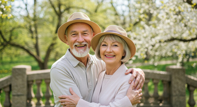 Happy senior couple embracing outdoors in spring garden, enjoying sunny day together with bright smiles and warm affection
