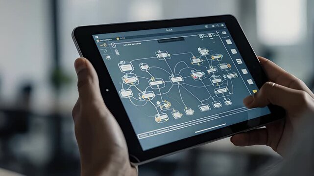 User Interacting With A Complex Flowchart On A Tablet Device