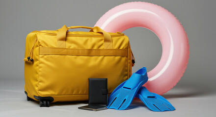Vibrant yellow travel bag with blue swim fins, pink inflatable ring, and essential passport on gray background for vacation packing