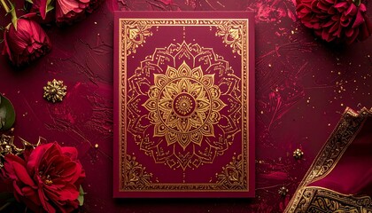 Golden Mandala Pattern Repeated on Textured Red Background Symbolizing Spiritual Geometry Cultural Art and Editorial Styling for Meditation and Decorative Use