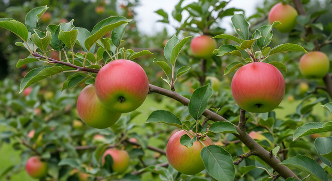 Close up view of red and green apples hanging on a tree branch with green leaves - Powered by Adobe