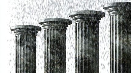 Ancient Columns in the Rain: A striking image of four classical columns, standing tall and resolute amidst a gentle rain, evokes a sense of timelessness and historical grandeur.