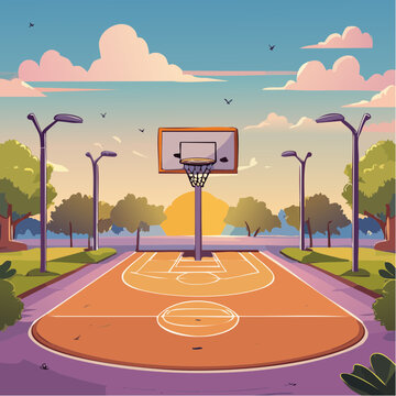 Cartoon animation style basketball court