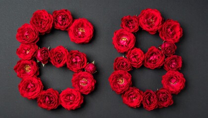 Number 68 made out of red roses with black background. Photo for birthday or anniversary party