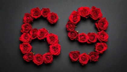 Number 69 made out of red roses with black background. Photo for birthday or anniversary party