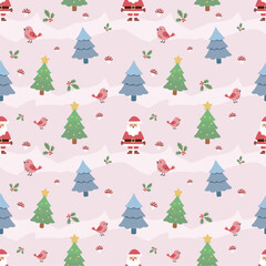 Deep Pastel Christmas Seamless Pattern: Santa Claus in Dusty Forest with Pine Trees, Holly, and Mushroom. Dusty Pink Flat Design for Stylish Fabric and Background.