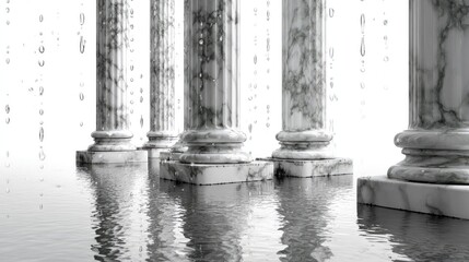 Ancient Pillars in Rain: A row of grand marble pillars stand majestically, their surfaces glistening with raindrops, reflected in the still water below.