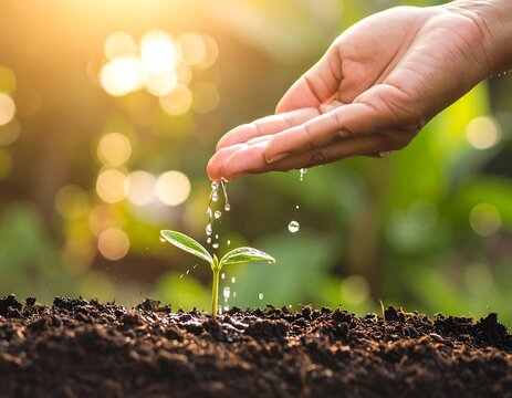 Hand Watering Young Sprout in Soil