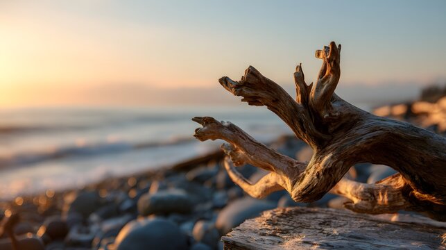 Weathered piece of timber rests upon a rocky shore during soft evening illumination - Powered by Adobe
