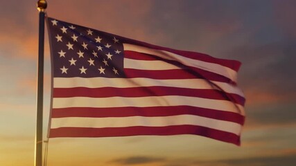 The American flag waving proudly on a flagpole against a beautiful golden sunset, a powerful symbol of patriotism and freedom - Powered by Adobe