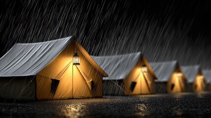 Sheltered Serenity Amidst the Storm: A row of glowing tents stands resilient against a stormy downpour, creating a scene of cozy comfort.