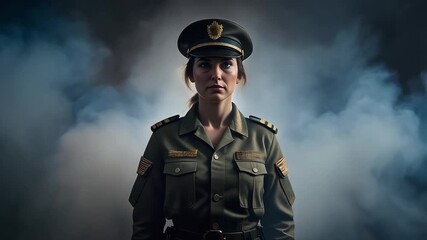 Portrait of a determined female officer in uniform standing against a dramatic smoky backdrop