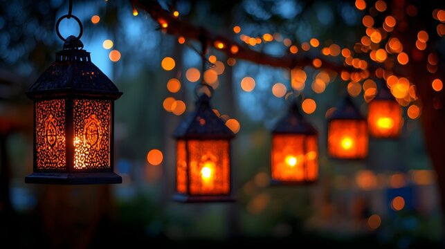 Ornate metal lanterns illuminate a dark outdoor setting with numerous background lights creating a soft glow. - Powered by Adobe
