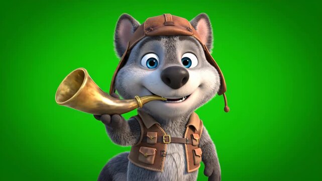 Anthropomorphic Canine Character with Golden Horn and Brown Cap on Bright Green Background Animated Style Illustration, 3d rendering, Cartoon Animal