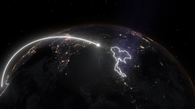 Realistic 3D Earth Night Flight Path Arc from Addis Ababa Ethiopia to Bangkok Thailand
