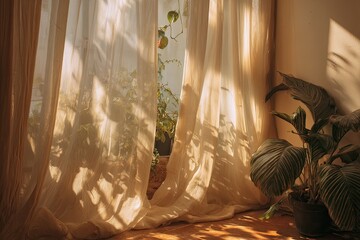 Sunlight streams through sheer curtains, casting shadows on indoor plants