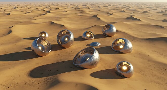 Metallic Spheres Reflecting Desert Landscape Under Clear Sky.