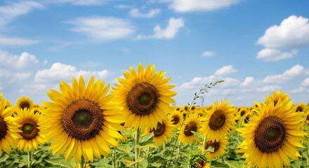 Fototapeta premium Vibrant Sunflower Field Under a Bright Blue Sky with Fluffy Clouds.