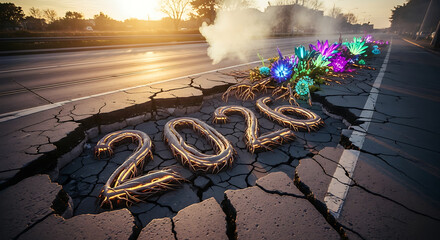 Fractured Roadway with Glowing Flowers and 2026 Date in Disrepair Landscape