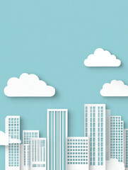 A charming paper-cut style illustration of a white cityscape, featuring skyscrapers and houses nestled among fluffy clouds against a light blue sky, creating a whimsical 3D effect.