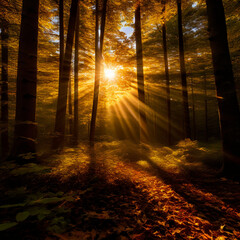 Golden Sunlight Illuminates an Autumn Forest with Serene Glow