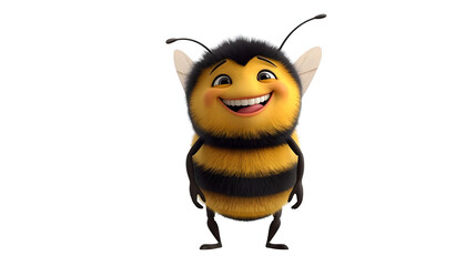Happy cartoon bee character with black and yellow stripes and large eyes.
