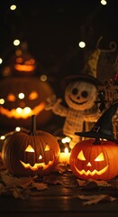 Nostalgic autumn night scene featuring classic Halloween decorations with a vintage filter, evoking a charmingly spooky retro atmosphere ,creepy ,faded ,jack o lantern