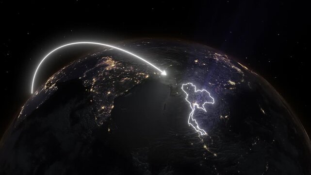 Realistic 3D Earth Night Flight Path Arc from Cairo Egypt to Bangkok Thailand