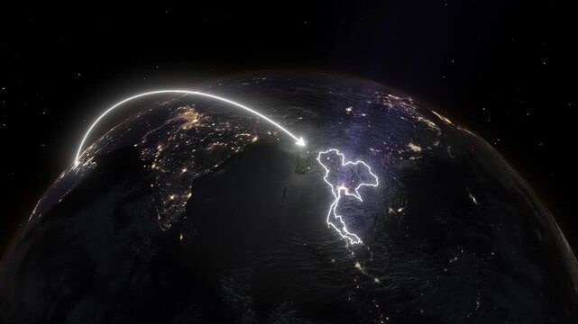 Realistic 3D Earth Night Flight Path Arc from Doha Qatar to Bangkok Thailand