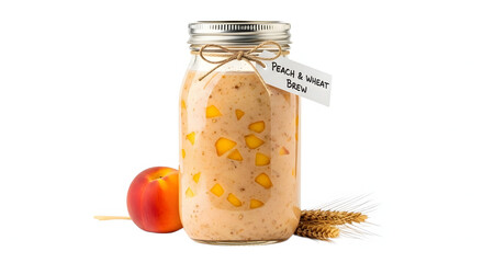 Refreshing Peach and Wheat Brew in a Mason Jar with Fresh Fruit and Grains.