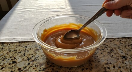Homemade dulce de leche stirred on a granite surface with natural morning light.