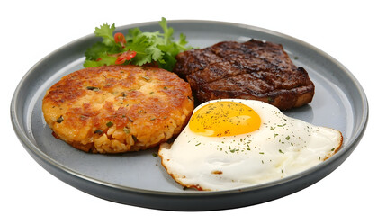 Hearty Breakfast Plate with Steak Fried Egg and Hash Brown.
