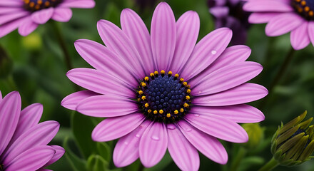 Obraz premium A close up shot of a purple osteospermum flower with a dark center and yellow pollen