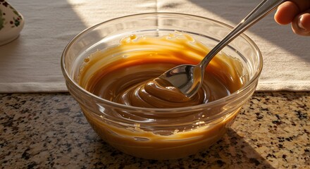 Silver spoon swirls through rich dulce de leche under the gentle warmth of morning light.