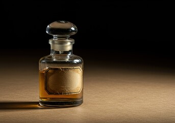 Old glass perfume bottle with faded label resting on aged paper, suggesting nostalgic scents and historical charm ,wood ,vessel ,classic