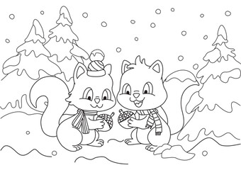 Winter coloring page for children. Two squirrels in hats and scarfs holding acorns in winter scenery forest.
