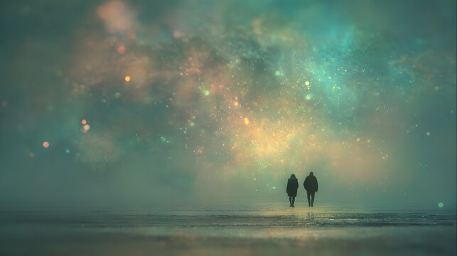 Silhouetted figures walk across a misty expanse beneath a vibrant, star-filled cosmic sky - Powered by Adobe