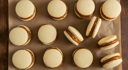 Alfajores filled with dulce de leche, arranged on parchment paper in a handcrafted, homemade style, on a wooden table.