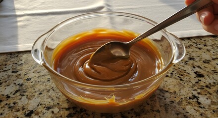 Soft morning light highlights a bowl of dulce de leche being stirred with elegance and warmth.