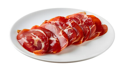 Thinly sliced cured ham on a white plate ready to eat.