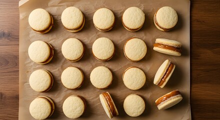 Flat lay of dulce de leche alfajores arranged on parchment paper over a wooden table.