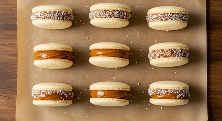 Homemade alfajores filled with dulce de leche, neatly arranged for a rustic presentation.