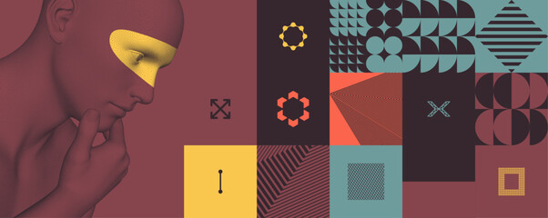 A side view of a human head formed from dots. Digital face. Color highlighting effect on the eyes. Creative thinking. A professional designer selects elements. Creative thinking of the creator. Vector