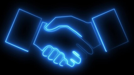A neon cyan handshake glows against a black background, symbolizing partnership, agreement, and collaboration in a modern and vibrant way